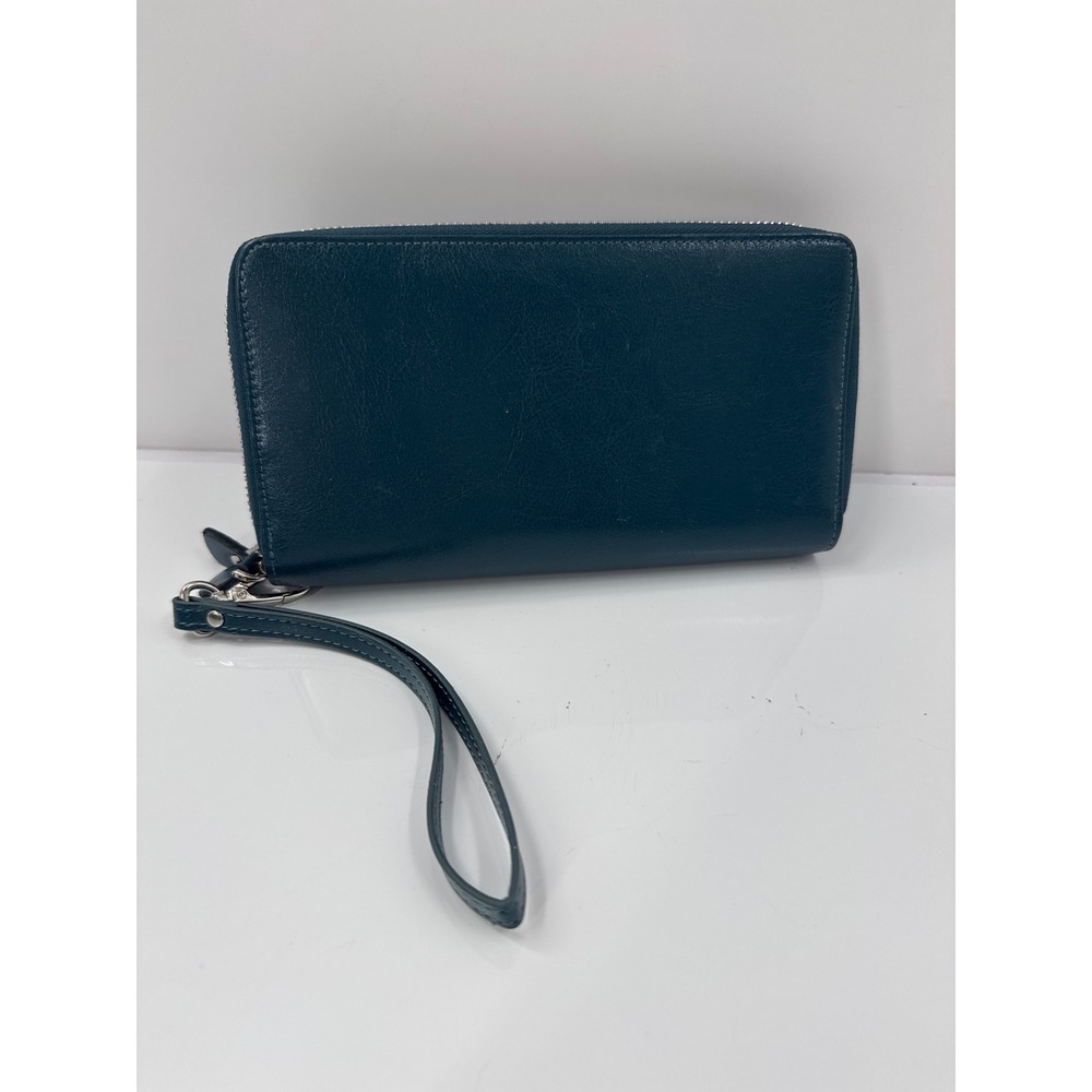 Dark Teal Blue Leather Zip Around Wristlet Wallet with ID Window